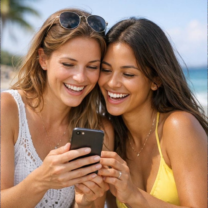Duas mulheres usando o BeachPay na praia